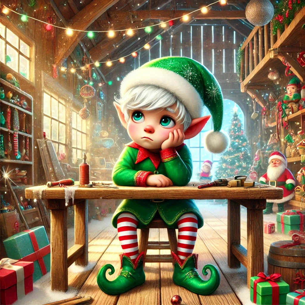 Linfred in Santa’s workshop, looking determined